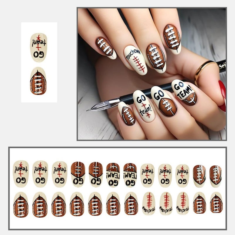HJKDSFD Cute Rugby Press on Nails Short Oval Fake Nails Glossy Football Designs Acrylic False Nails Full Cover Holiday Stick on Nail French Short Glue on Nails for Women Girls 24Pcs - Image 3